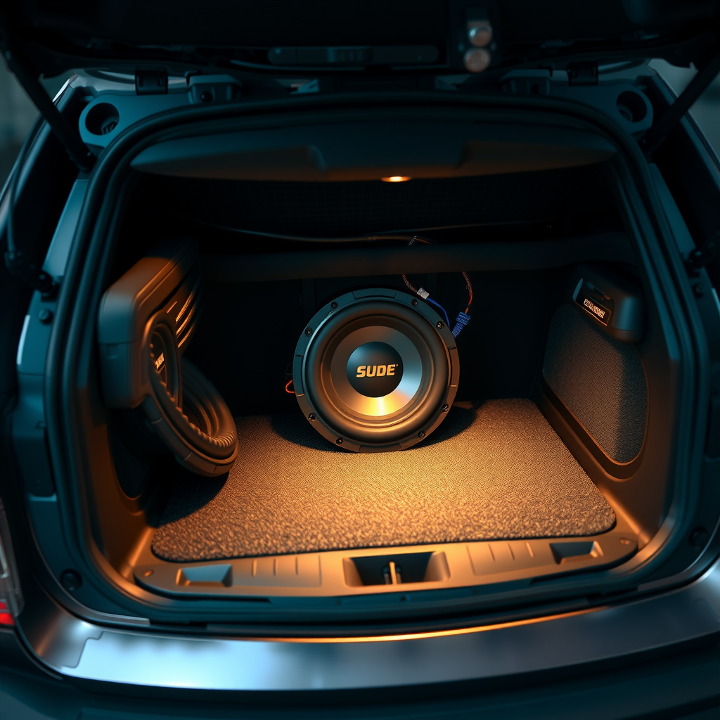 コンパクトカーのトランクに設置されたシャローマウントサブウーファー、スペース効率の良い配置と配線を示す詳細な写真