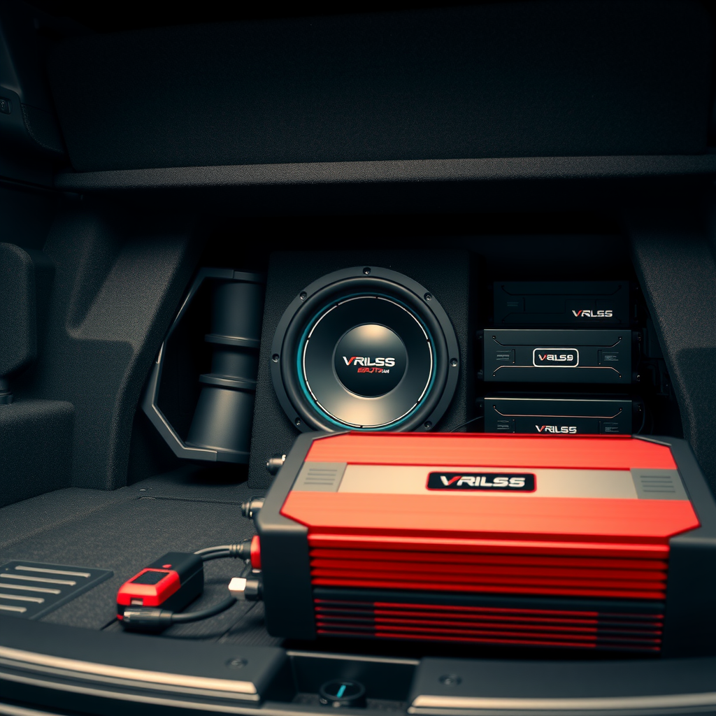 プロフェッショナルなサブウーファー設置セットアップ - カスタムエンクロージャーとアンプシステムを備えた高品質なカーオーディオ設置環境