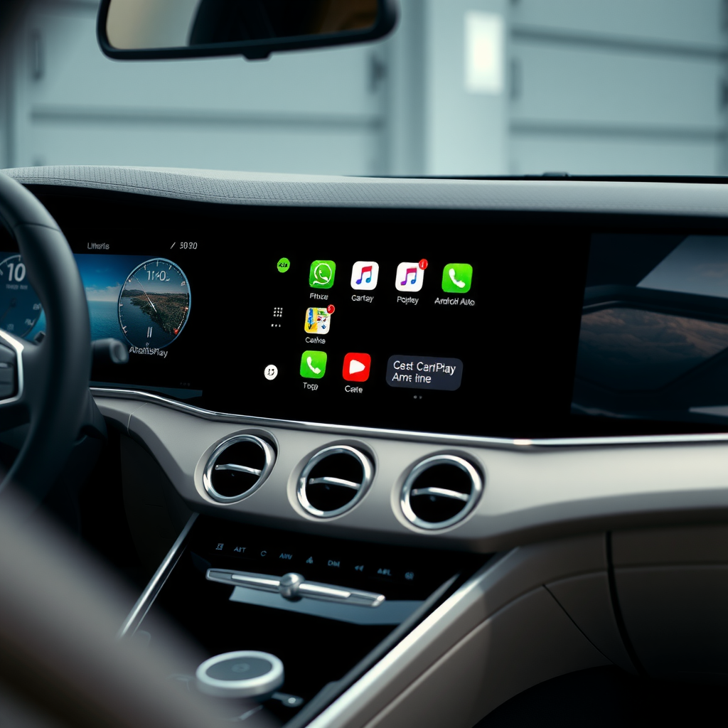 最新のタッチスクリーンヘッドユニットがダッシュボードに完璧に統合され、Apple CarPlayとAndroid Autoのインターフェースが鮮明に表示されている高級車のインテリア