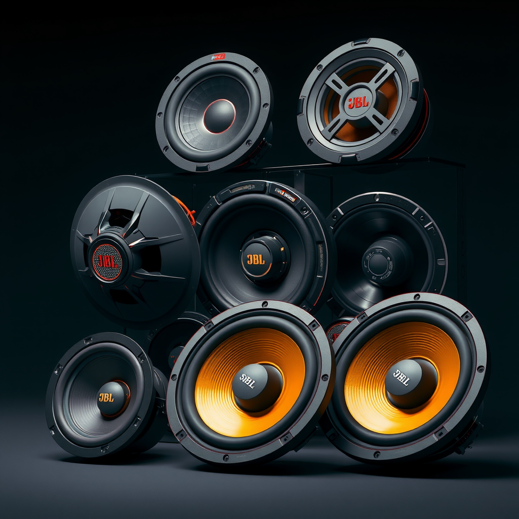 JBL、Pioneer、Alpine、Focalなどの高級カースピーカーが美しくディスプレイされている様子。各スピーカーの精密な構造とプレミアムな質感が際立つ、プロフェッショナルなスタジオライティング