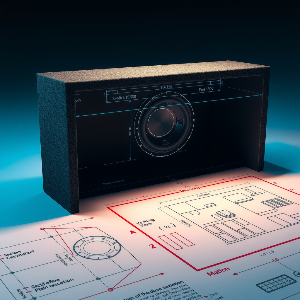 カスタムエンクロージャー設計図 - 車両の寸法と音響特性に基づいた詳細な設計プラン、最適な音響性能を実現するための精密な測定値を含む