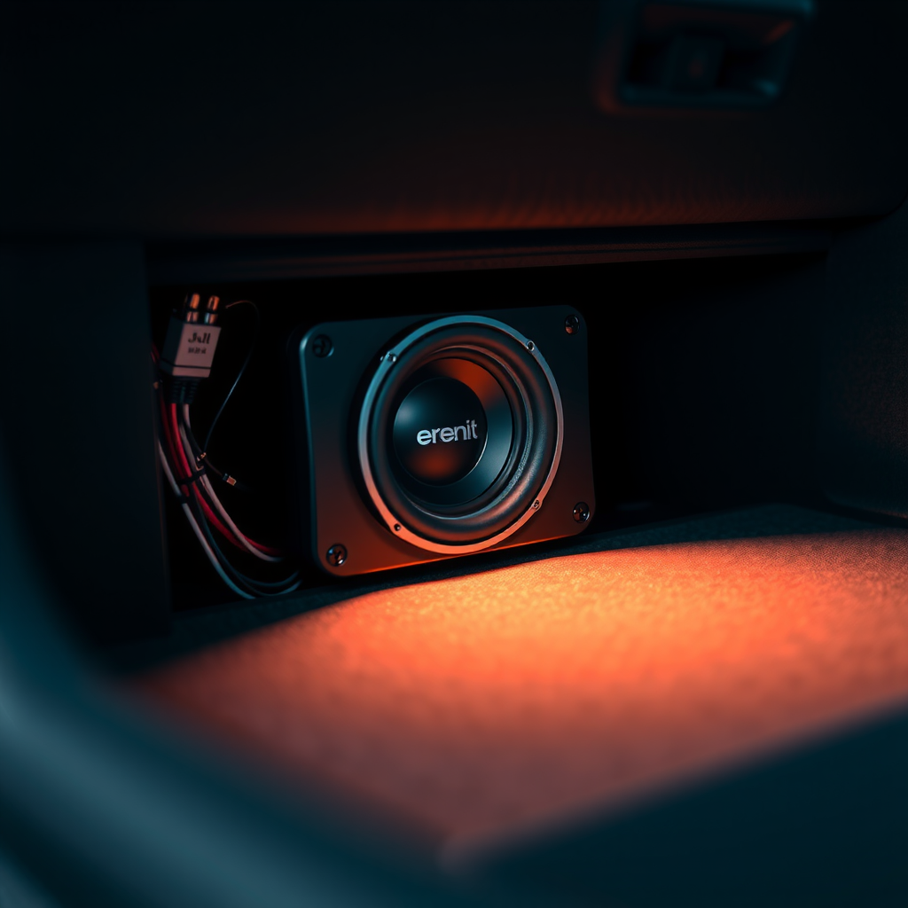 コンパクトなパワードサブウーファーユニット、内蔵アンプ、配線接続、車両シート下への設置例を示す製品写真