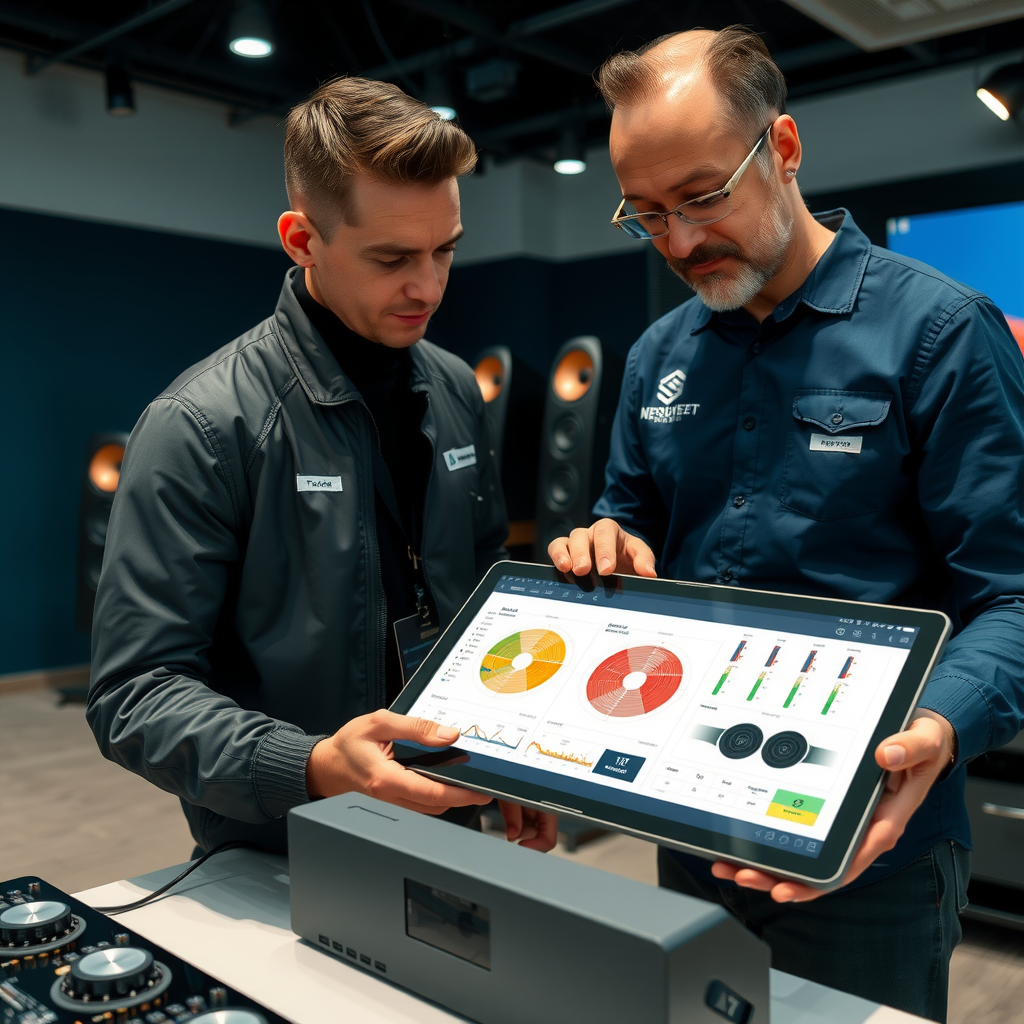 Audio specialist consulting with customer showing acoustic analysis charts and premium speaker components on tablet in professional showroom