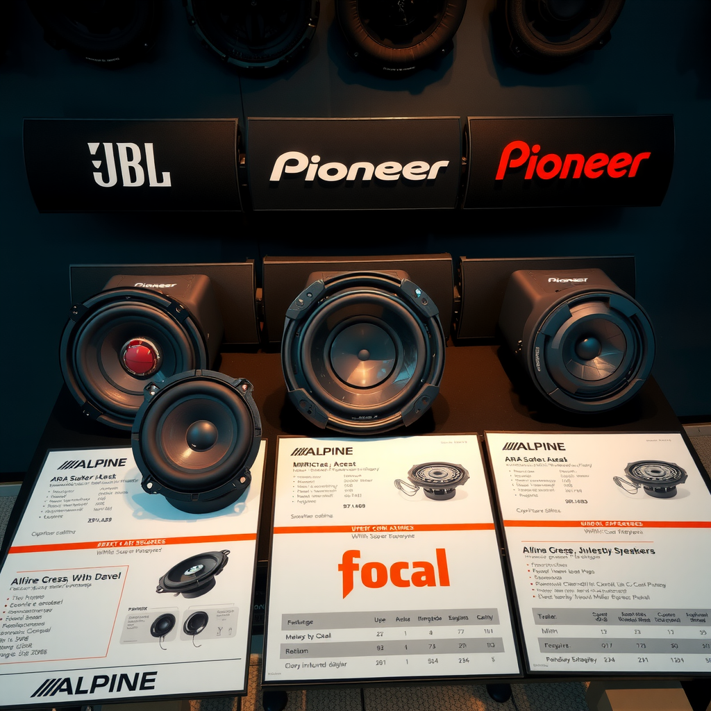 JBL、Pioneer、Alpine、Focalの各ブランドスピーカーが並べられ、それぞれの技術的特徴を示す詳細な図解とスペック表が表示されている、プロフェッショナルな比較展示