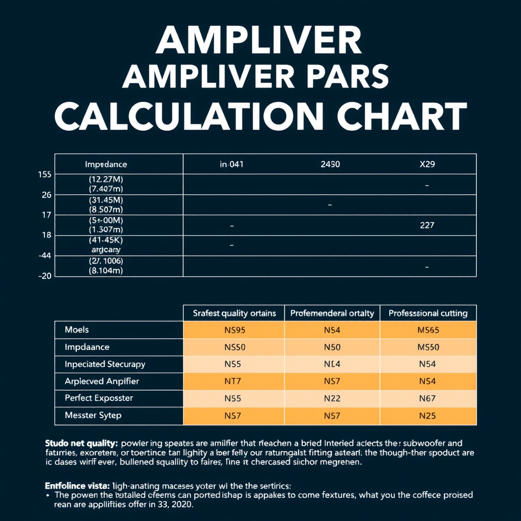 アンプパワー計算チャート - サブウーファーのインピーダンス、RMS定格、推奨アンプ出力を示す詳細な技術図表、最適なシステムマッチングのためのガイドライン付き
