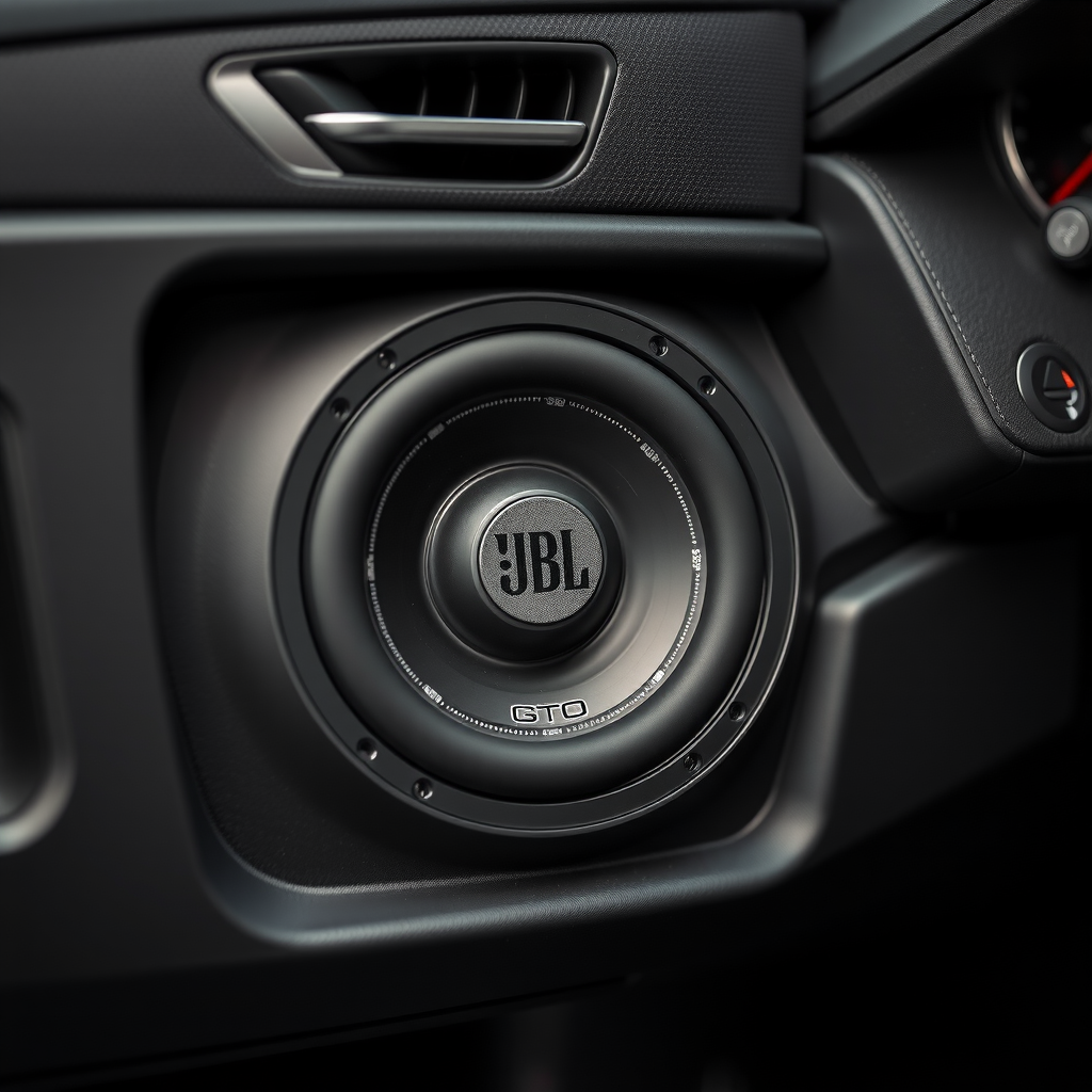 車のドアパネルに取り付けられたJBL GTOシリーズのコンポーネントスピーカー。ウーファーがドアの下部に、ツイーターがダッシュボード近くに配置され、プロフェッショナルな配線が施されている。