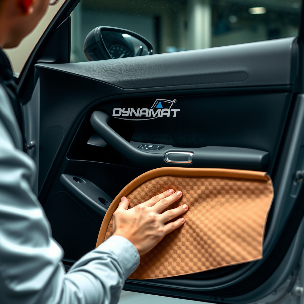 Technician applying premium Dynamat sound deadening material to car door panel showing layers of acoustic insulation for noise reduction