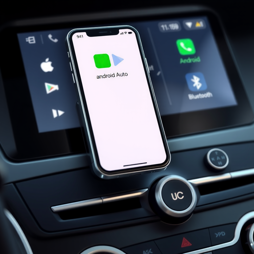 スマートフォンがワイヤレスでヘッドユニットに接続され、Apple CarPlayとAndroid Autoのロゴが表示されている様子、Bluetooth接続アイコンも表示