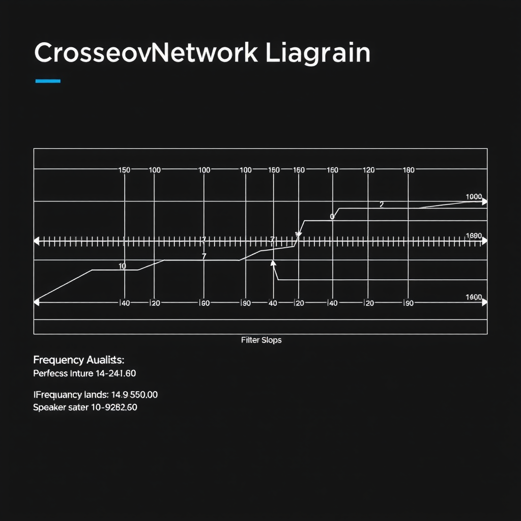 クロスオーバーネットワーク図。周波数帯域、フィルタースロープ、スピーカー割り当てを示す技術仕様付きの詳細な図解