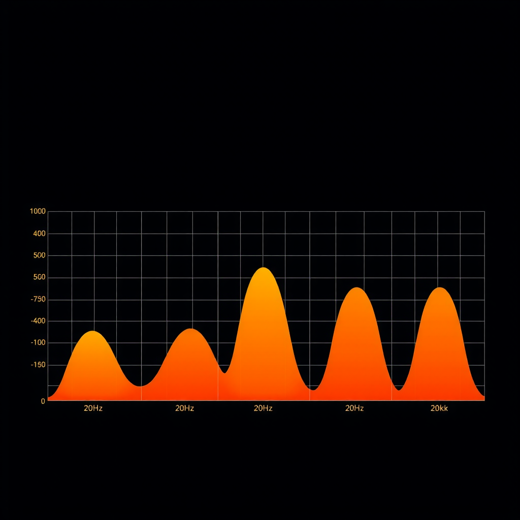 5つのスピーカーシステムの周波数応答グラフが並べて表示されたチャート。各グラフは20Hzから20kHzまでの範囲を示し、各システムの音響特性の違いが視覚的に比較できる。