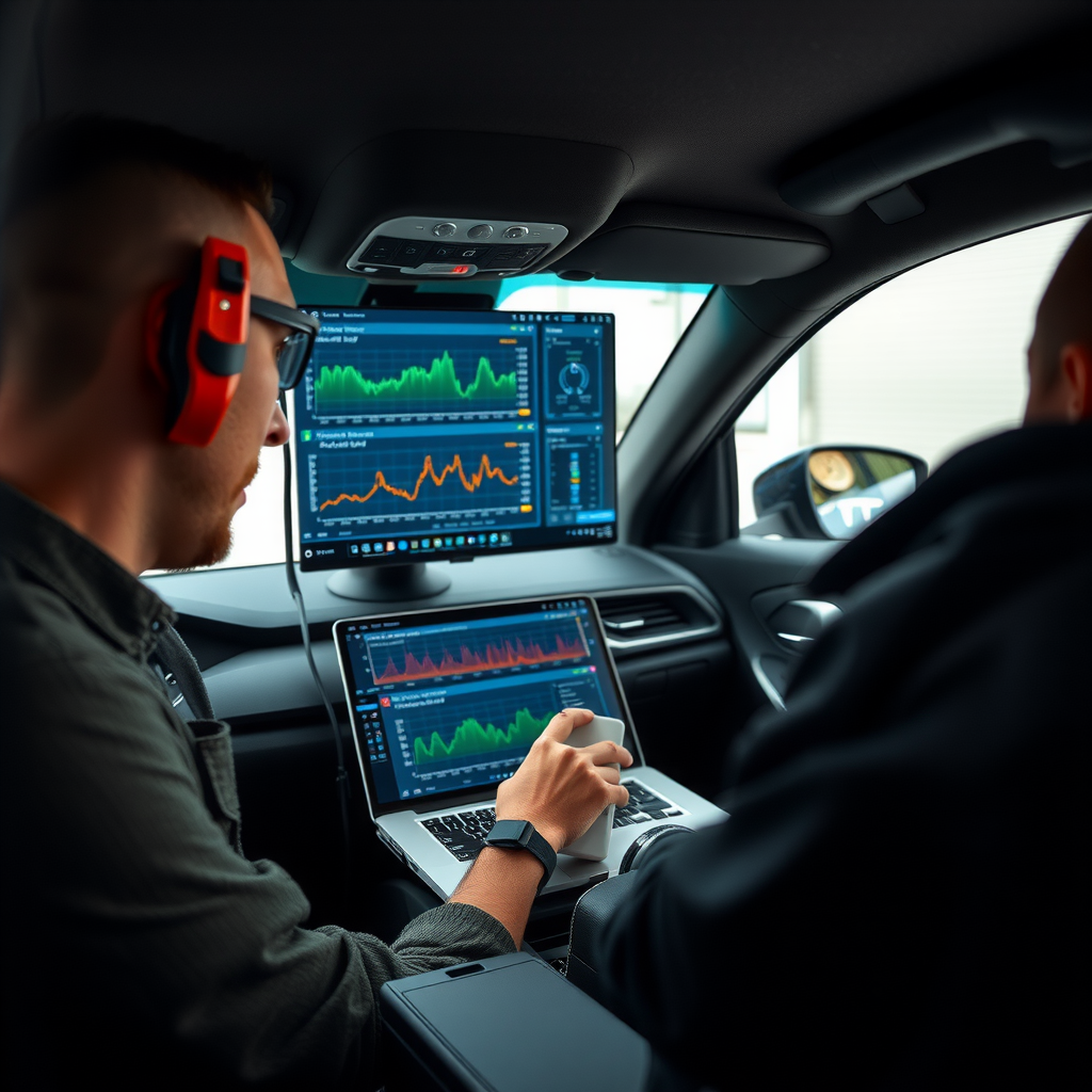 最新の音響測定機器とスペクトラムアナライザーが車内に設置され、技術者がノートパソコンで詳細な音響データを分析している様子。グラフとデータが画面に表示されている、ハイテクな測定環境