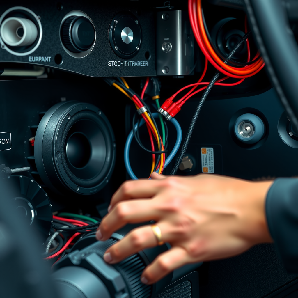 コンポーネントの統合と配線を示すプロフェッショナルなカーオーディオインストールプロセス