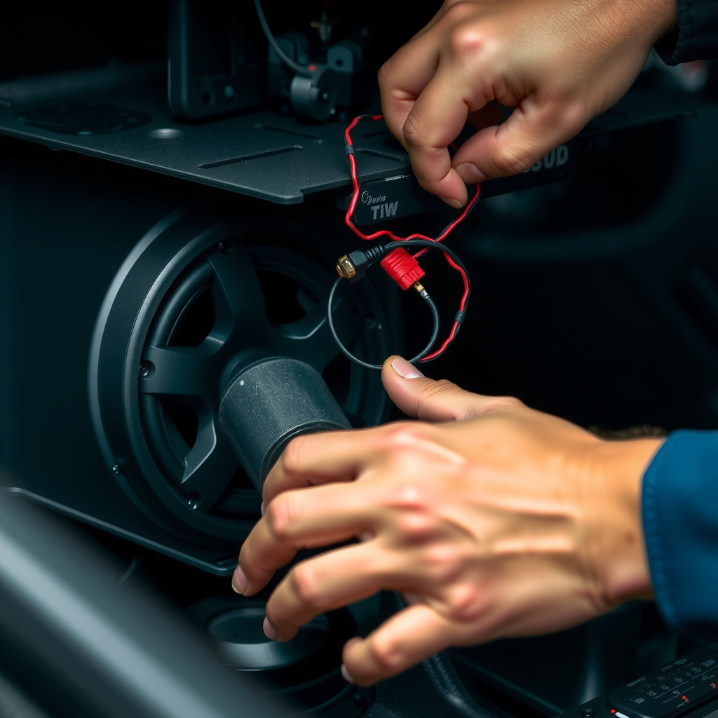 カーオーディオシステムのメンテナンス作業、スピーカーの清掃と配線の点検を行っている様子