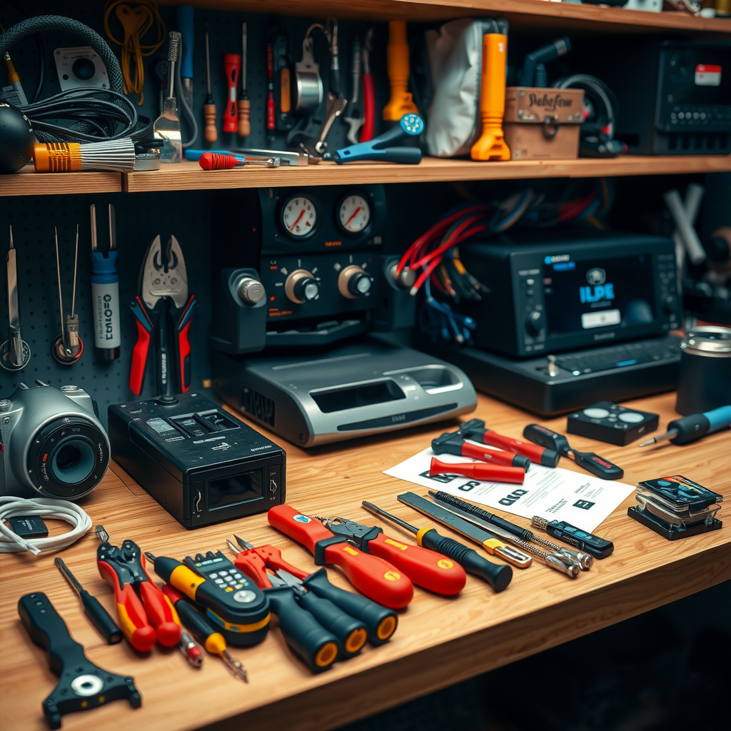 カーオーディオ取り付けに必要な工具と材料が整然と配置された作業台。ドライバー、ワイヤーストリッパー、クリンパー、配線材料、パネルリムーバーなどが見える。