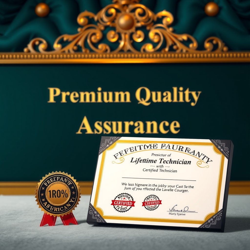 プレミアムな品質保証証明書と生涯保証バッジが、高級感のある背景に配置されている。認定技術者の署名と会社の公式シールが押された、信頼性を象徴するビジュアル