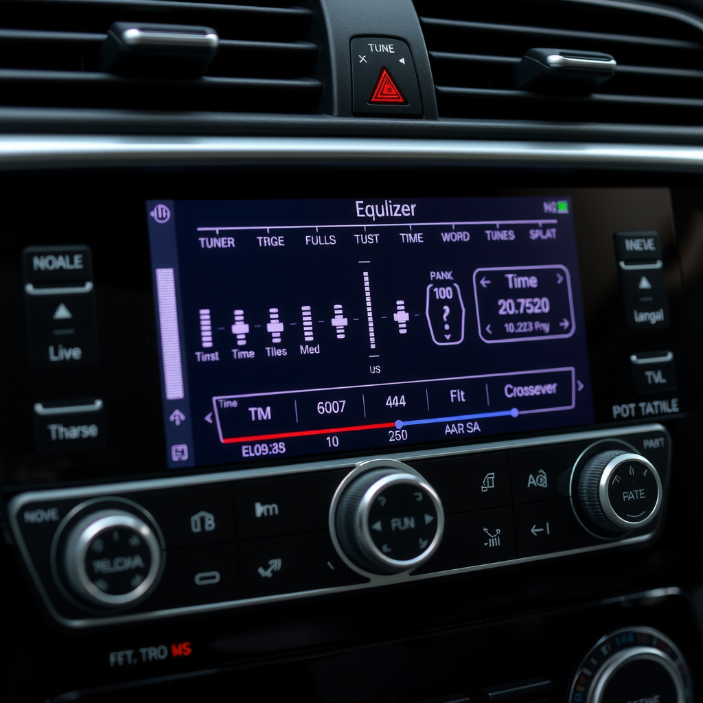 カーオーディオシステムのデジタルチューニングインターフェース。イコライザー、タイムアライメント、クロスオーバー設定が表示され、各パラメータが調整可能な状態。